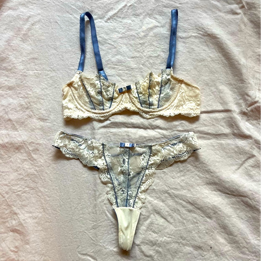 Adore Me Cream and Blue Lace Thong